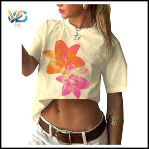 Floral Print Vintage T-Shirt, Soft Stretch Fabric, Short Sleeve Summer Top